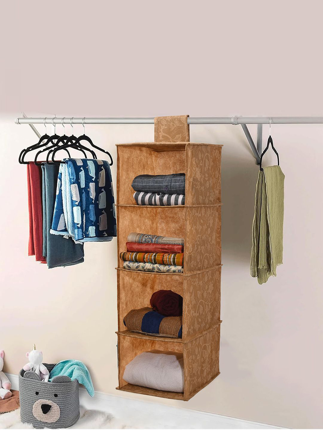 Kuber Industries Brown 2 Pieces Hanging Closet 4-Tier Hanging Organiser