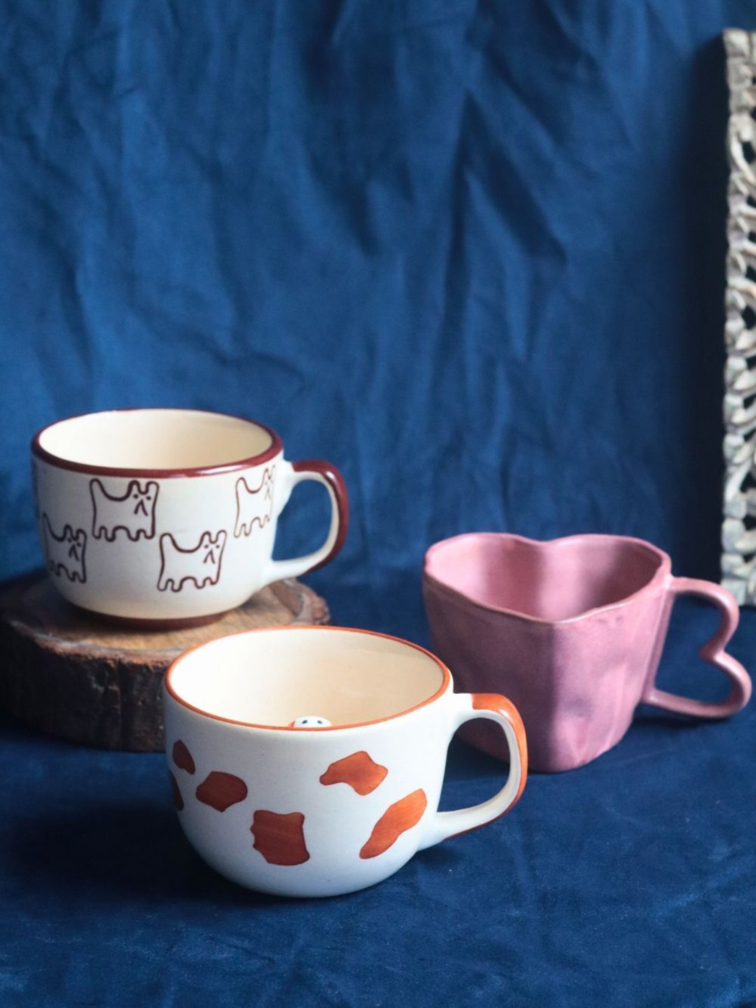 WEAVING HOMES Cone Shape White Conversational Ceramic Microwave Safe 3 Piece Mugs-220ml