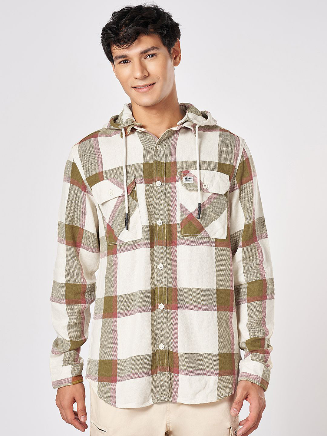 Urban Ranger by pantaloons Men Hood Buffalo Checked Cotton Slim Fit Casual Shirt