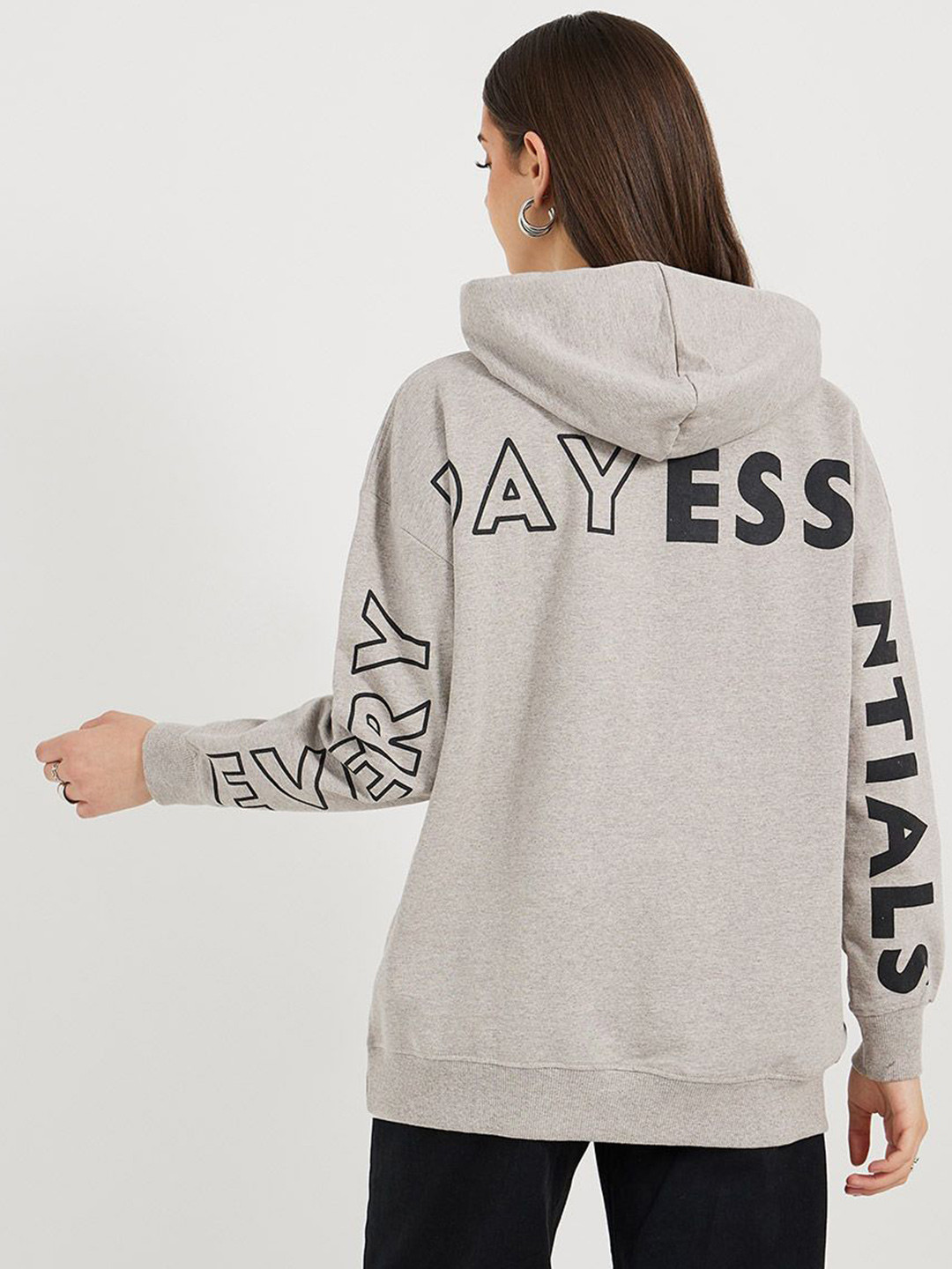 Styli Oversized Fit Typography Printed Drop Shoulder Longline Hooded Sweatshirt