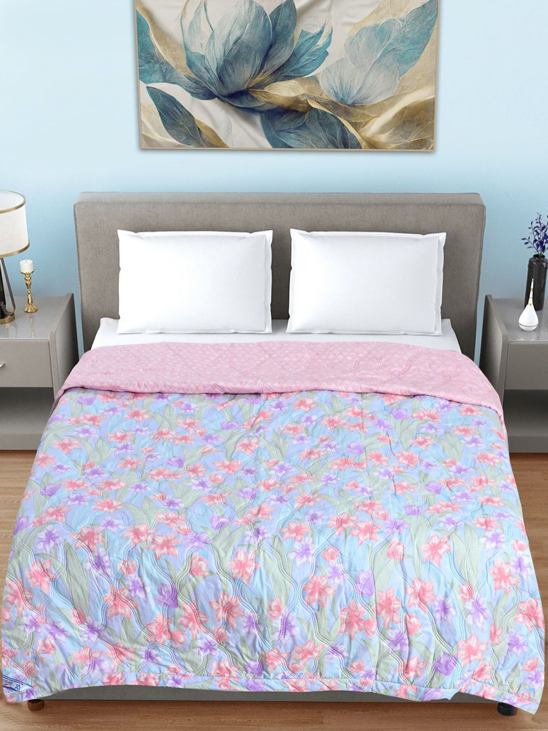 FABINALIV Blue & Green Floral Mild Winter 350 GSM Double Bed Quilted Reversible Comforter