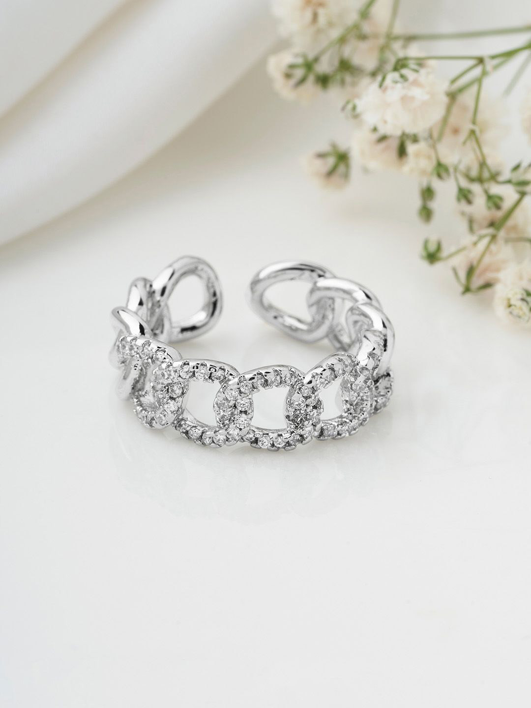 JOKER & WITCH Silver-Plated Stone Studded Adjustable Spark Finger Ring