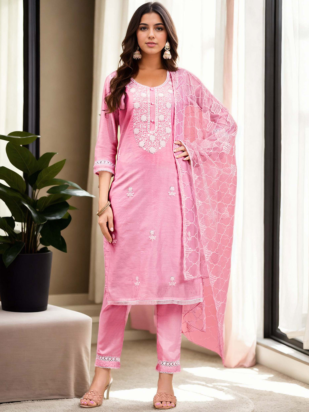 Anouk Pink Floral Embroidered Chanderi Silk Straight Kurta With Sharara & Dupatta