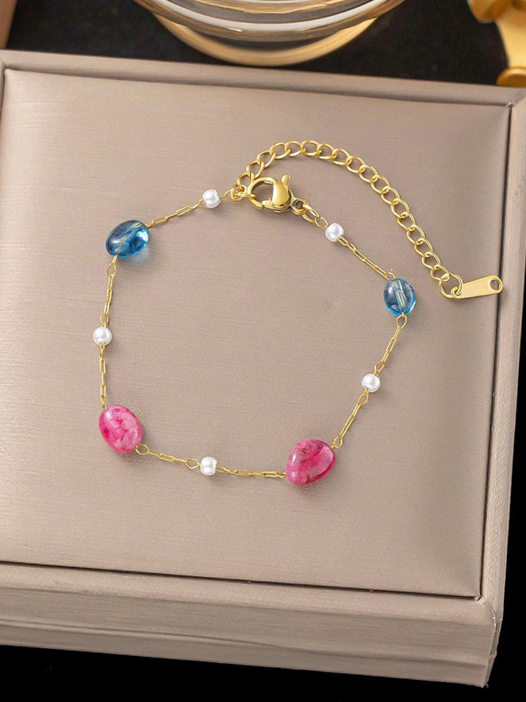 MYKI Esthetical Stainless Steel Gold-Plated tone Studded Charm Bracelet