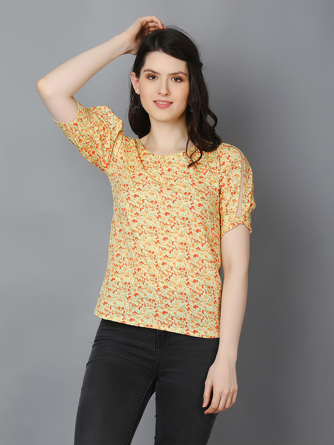 Zuvino Women Floral Print Slit Sleeve Cotton Blouson Top