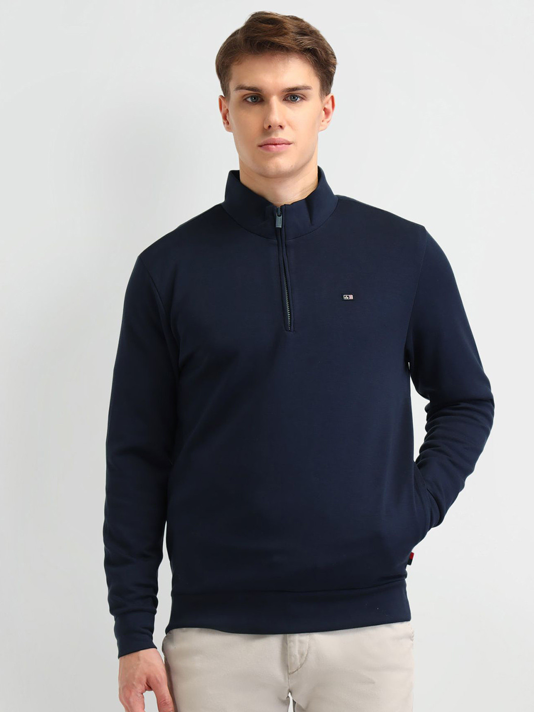 Arrow Sport Men Brand Logo Mock Collar Front-Open Sweatshirt