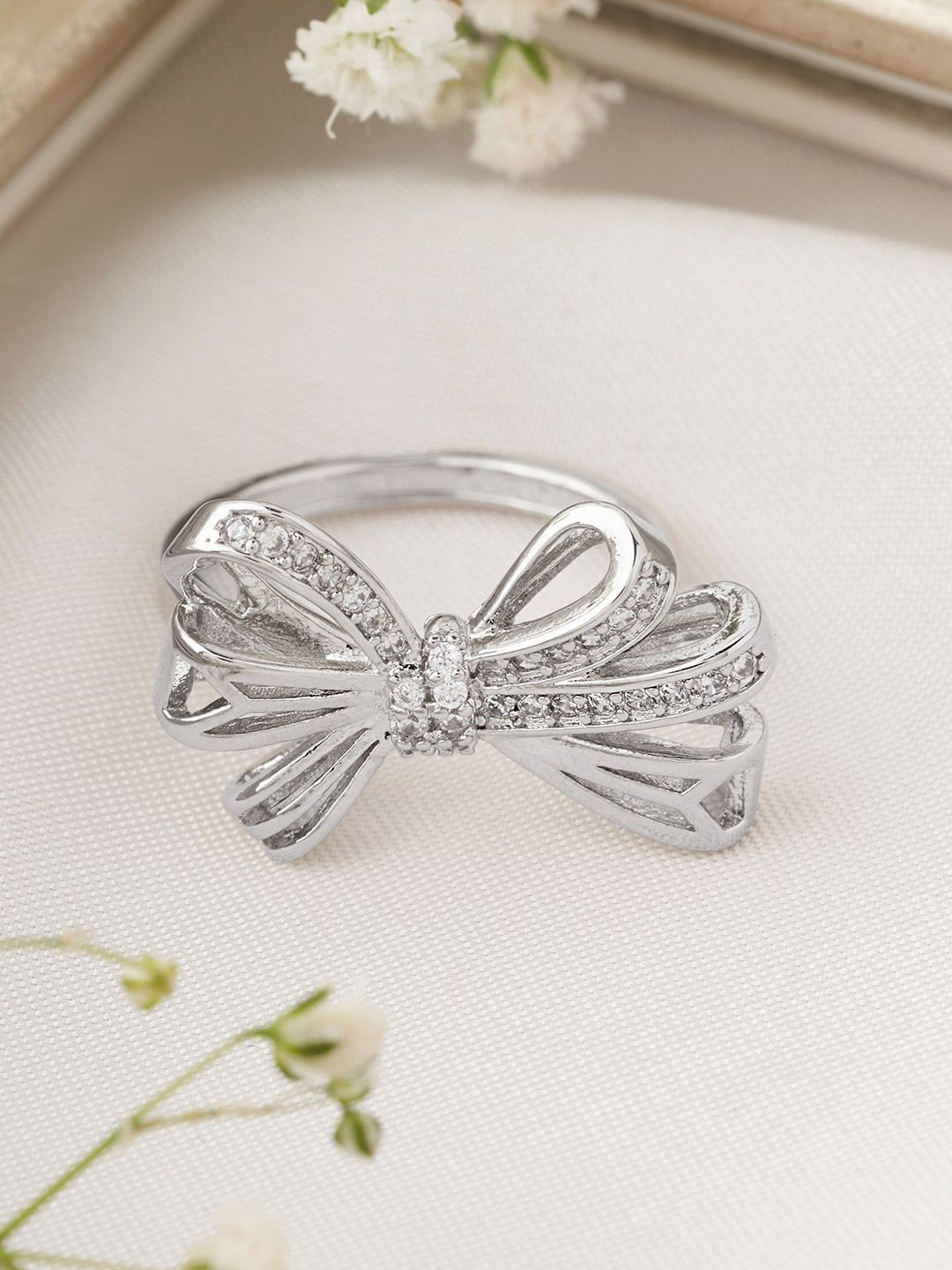 JOKER & WITCH Silver-Plated Stone-Studded Cecile Bow Adjustable Finger Ring