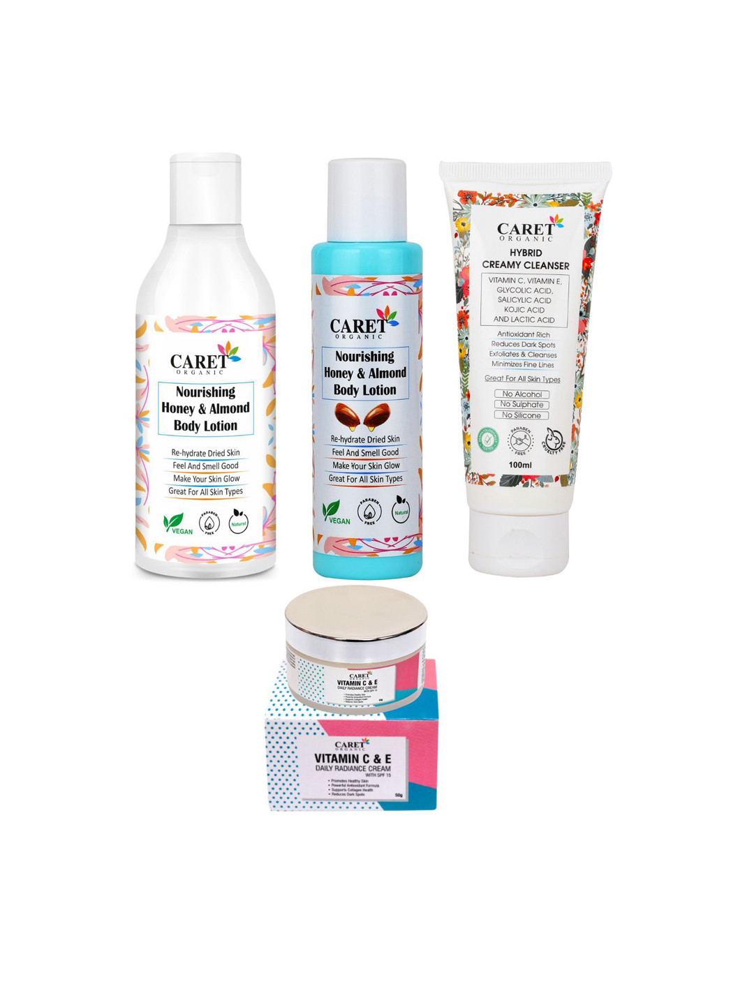 CARET ORGANIC Set of 4 Almond & Honey Body Lotion, Hybrid Face Wash & Radiance Cream