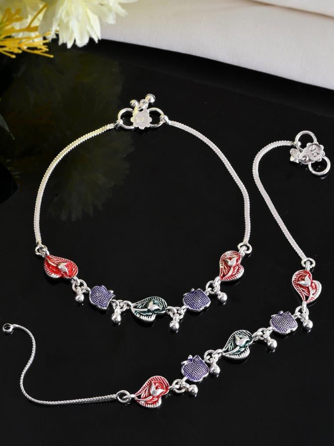 VOJ Set Of 2 Silver-Plated Stainless Steel Traditional Apple Shaped Anklets
