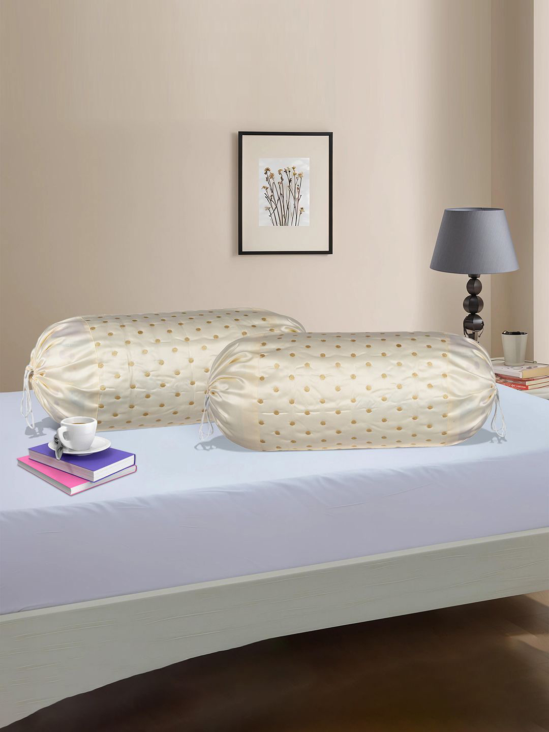 Kuber Industries 2Pcs Cream Polka Dots Bolster Covers with Dori for Sofa, Diwan single bed