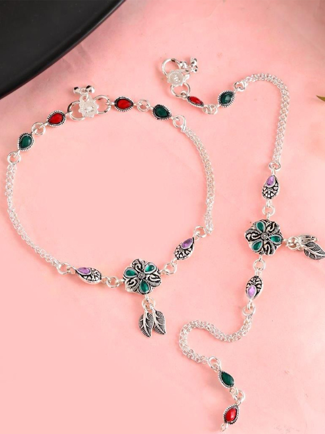 VOJ Set Of 2 Silver-Plated Traditional Flower Shaped Stone Studded Anklets