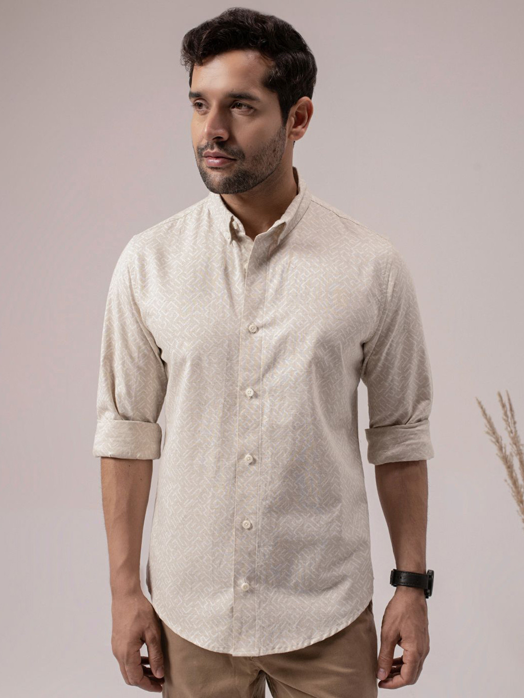 Perch Men Beige Color Abstract Print Linen Cotton Shirt