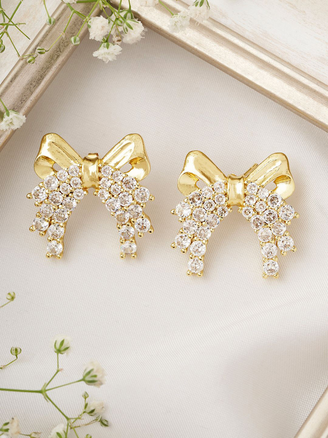 JOKER & WITCH Lucida Bow Gold Plated Stone Studded Geometric Studs