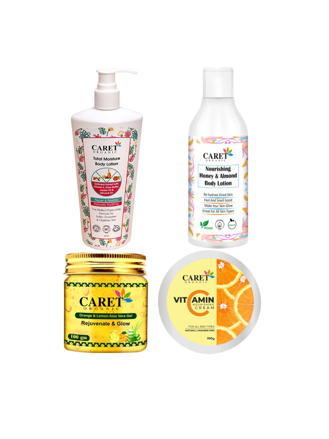 CARET ORGANIC Set of 4 Body Lotion, Almond Lotion, Orange Gel & Vitamin C Cream