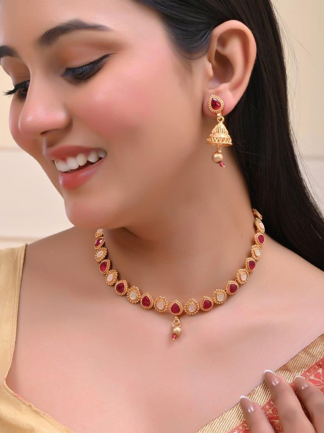VOJ Gold Plated Stainless Steel Ruby Stone Studded Jewellery Set