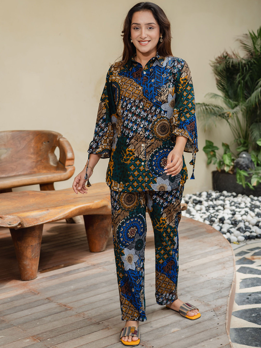Zeyo Printed Shirt Collar Three-Quarter Sleeves Shirt With Trouser