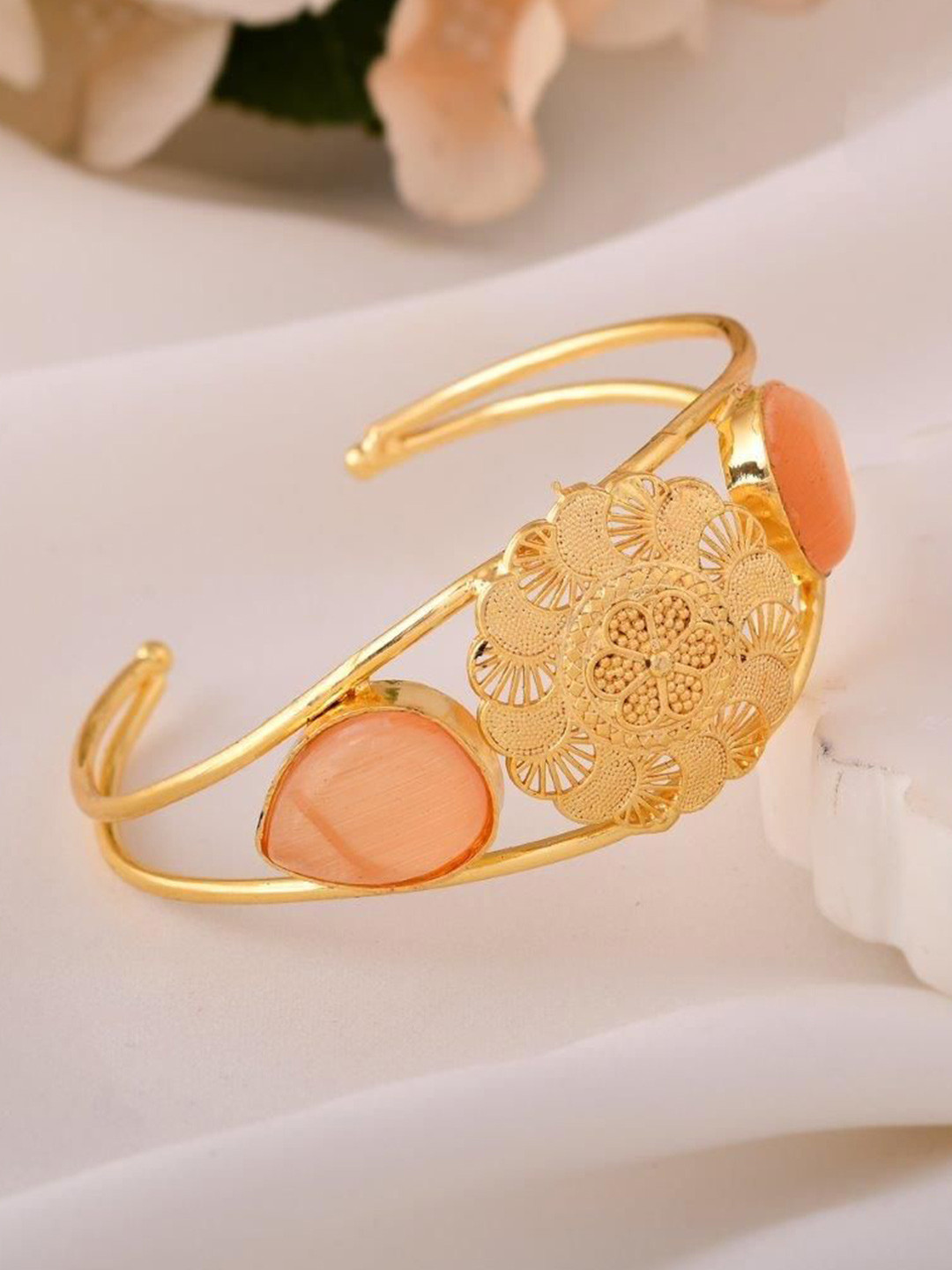VOJ Gold Plated Stainless Steel Flower Shaped Srone Studded Cuff Bracelet