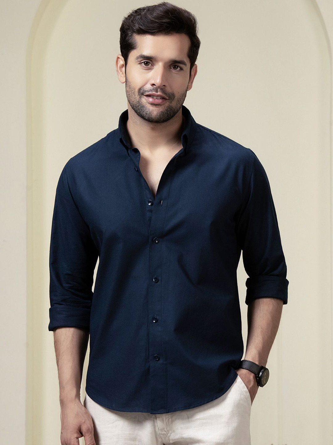 Perch Men Navy Blue Linen Cotton Button Down Solid Shirt