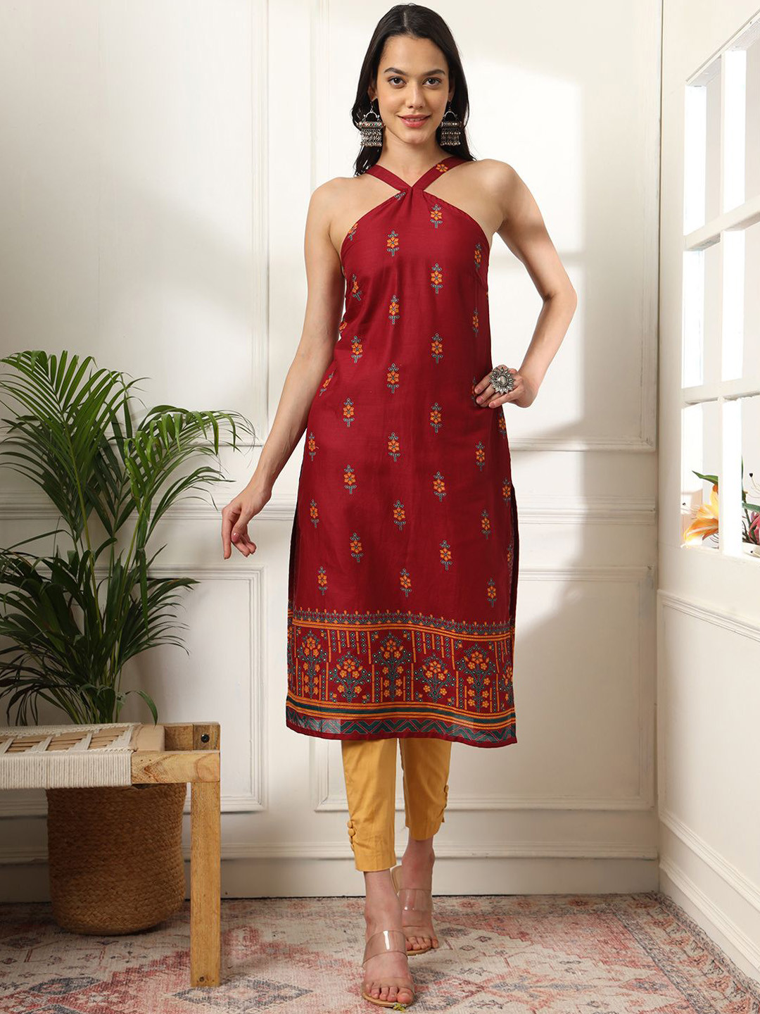 Anouk X fwd Maroon & Yellow Floral Printed Pure Cotton Straight Kurta