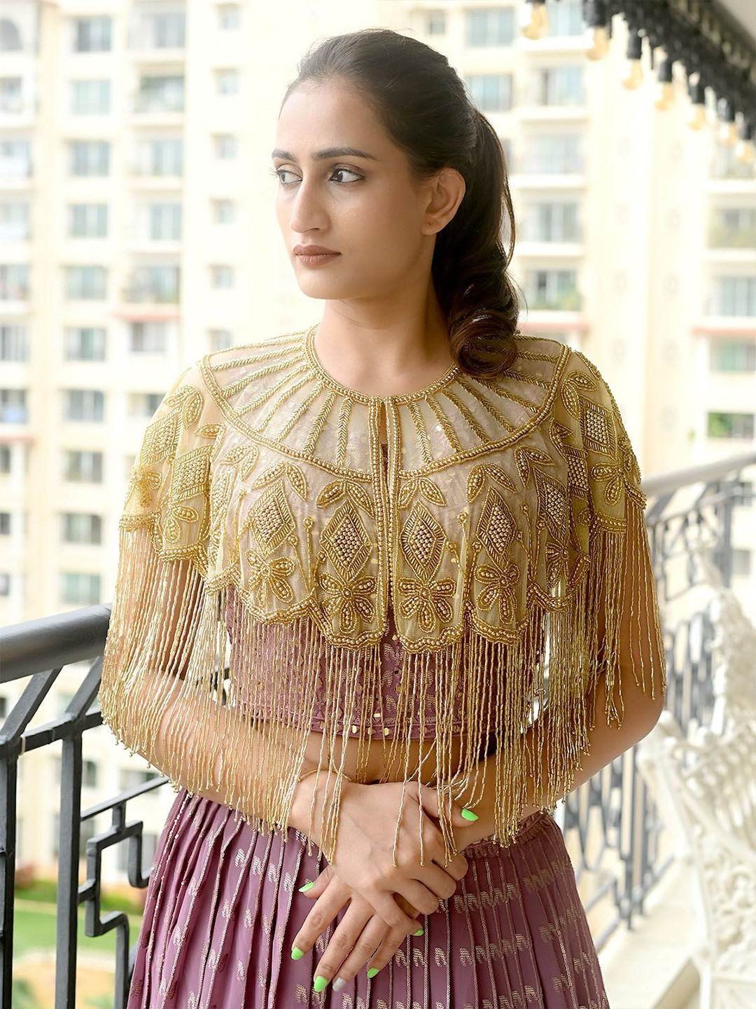 ODETTE Cutdana Embroidered Tasselled Open Front Crop Cape Shrug