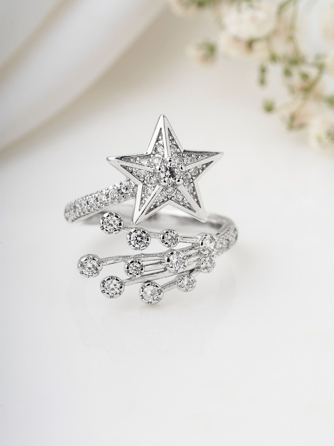 JOKER & WITCH Silver-Plated Stone-Studded Lumiere Star Adjustable Finger Ring