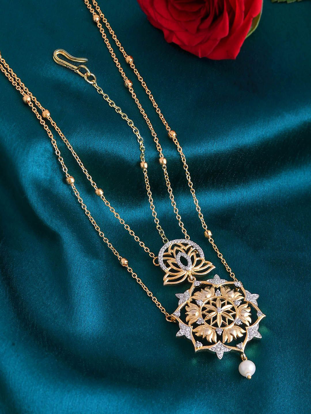 Voylla Gold-Plated AD Stone Studded Alpana Lotus Luminance Double Layer Sheeshpatti