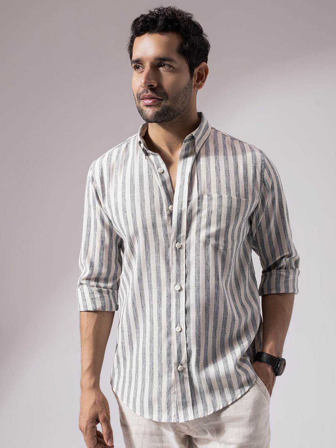 Perch Men Black Stripes Linen Cotton Shirt
