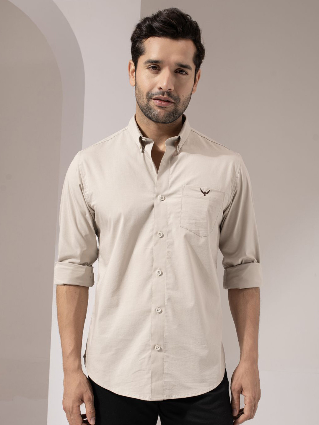 PERCH Men India Slim Button-Down Collar Solid Cotton Slim Fit Casual Shirt