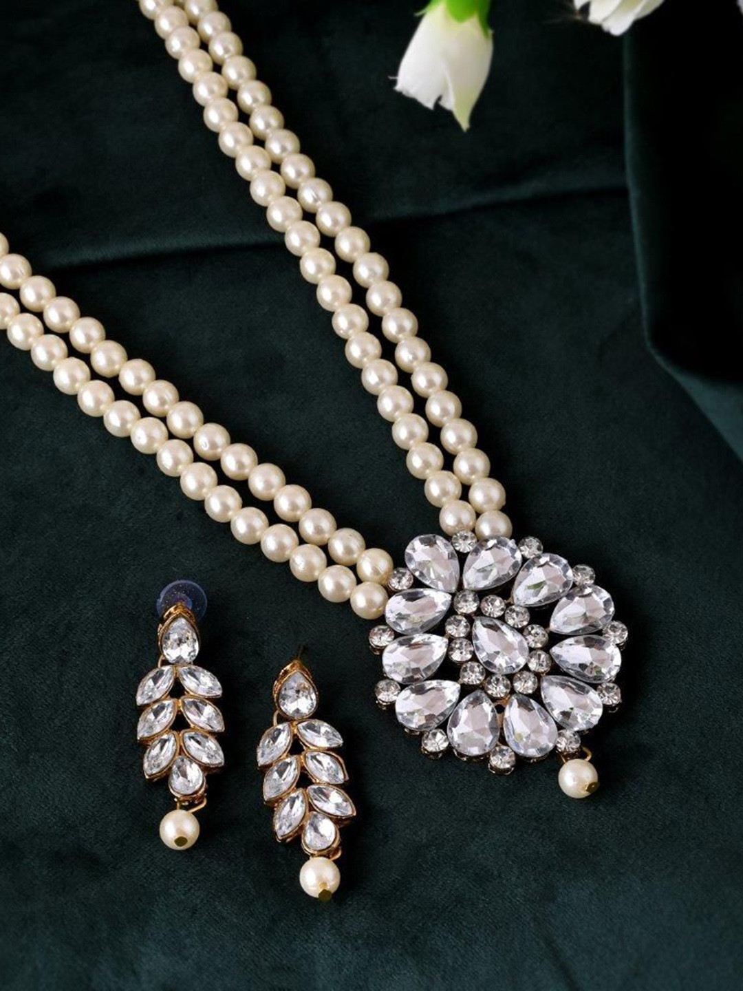 VOJ Gold-Plated Stainless Steel Kundan Studded & Pearls Beaded Long Jewellery Set
