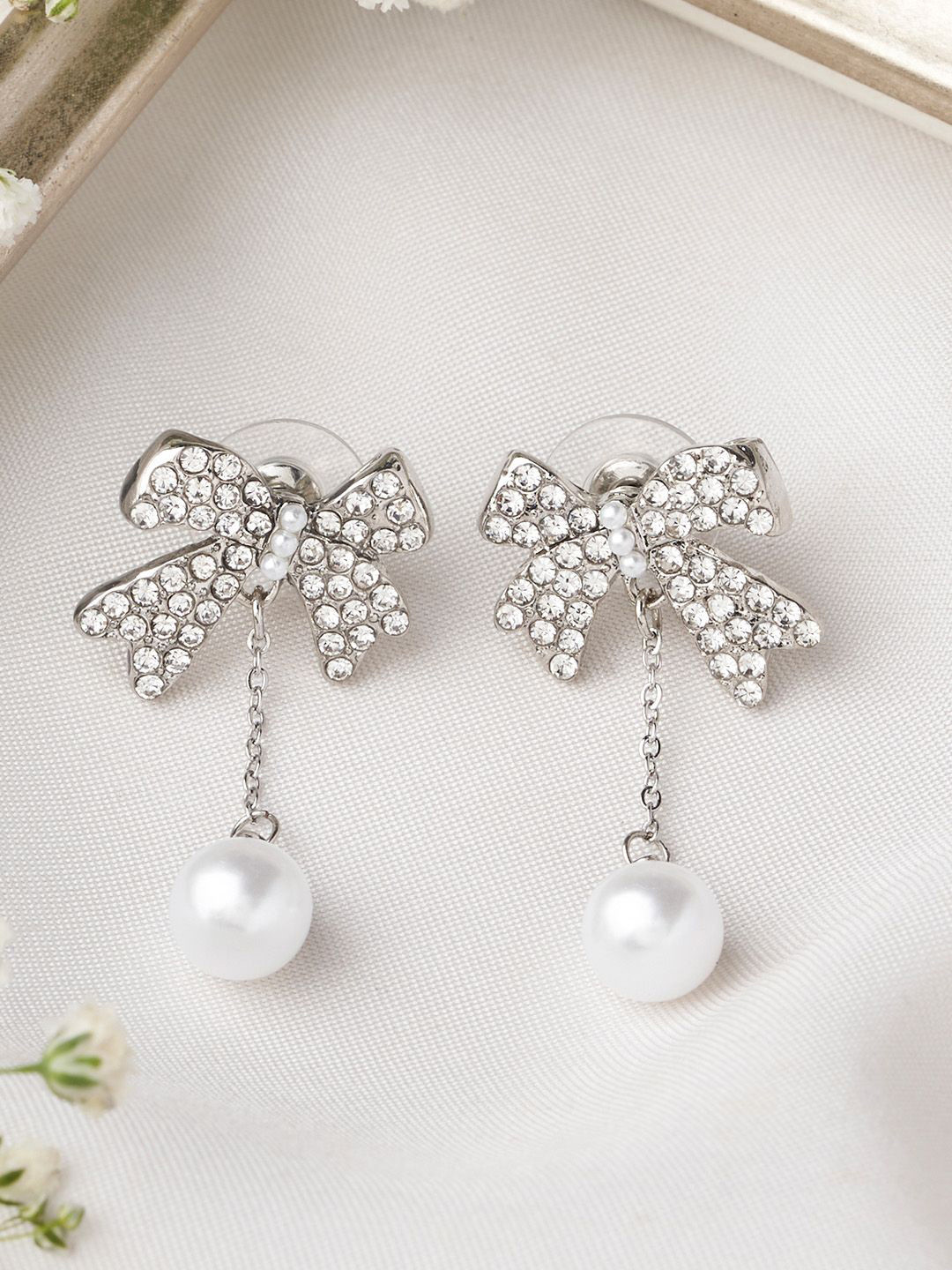 JOKER & WITCH Silver-Plated Geometric Stone Studded Fleur Bow Drop Earrings