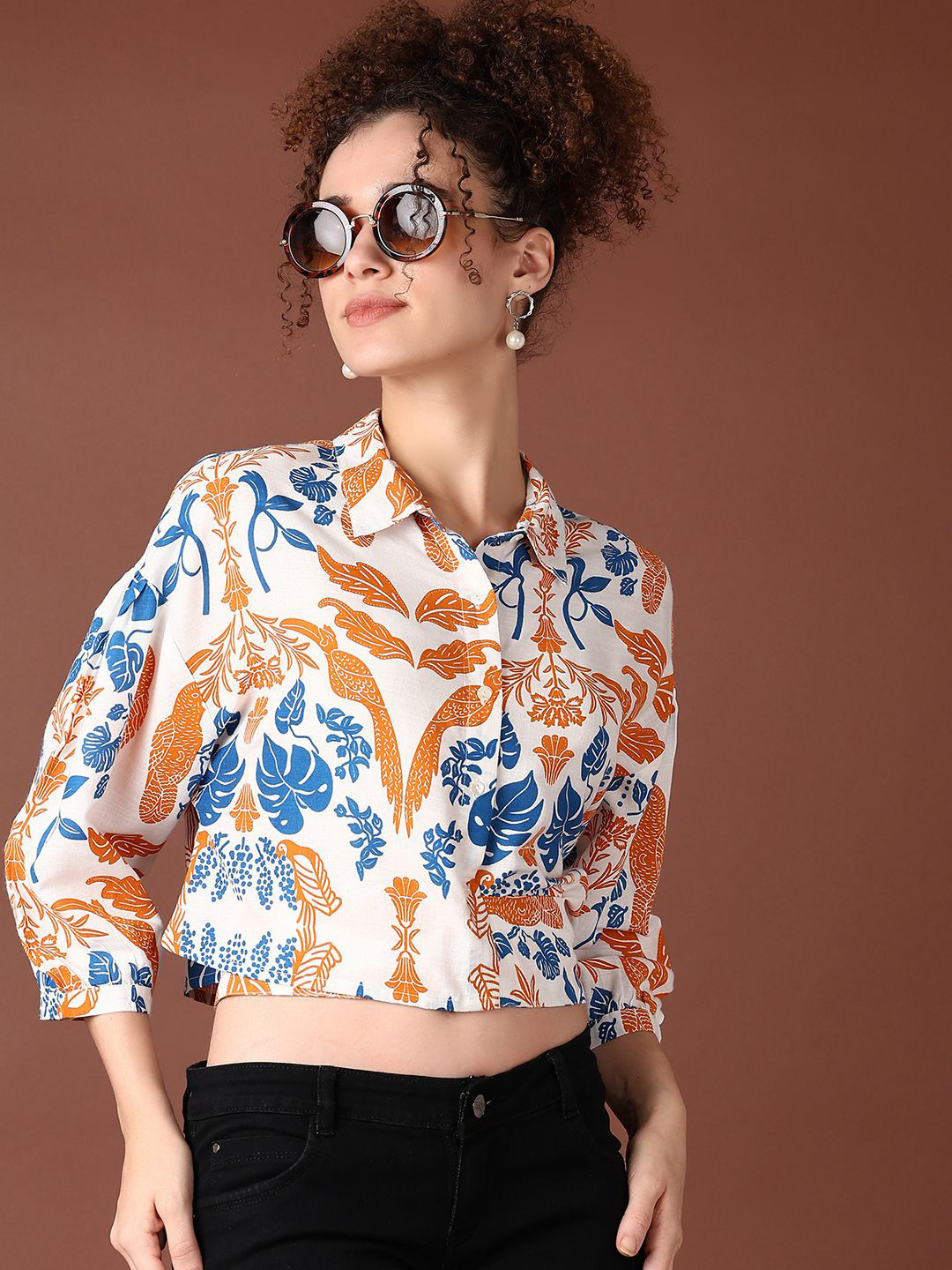 V-Mart Floral Shirt Collar Crop Top with Bishop Sleeves