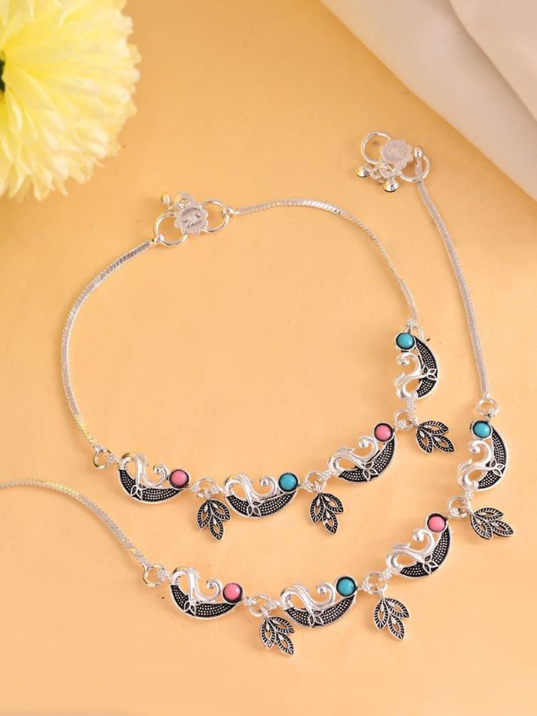 VOJ Pack Of 2 Silver-Plated Artificial Beads Anklet