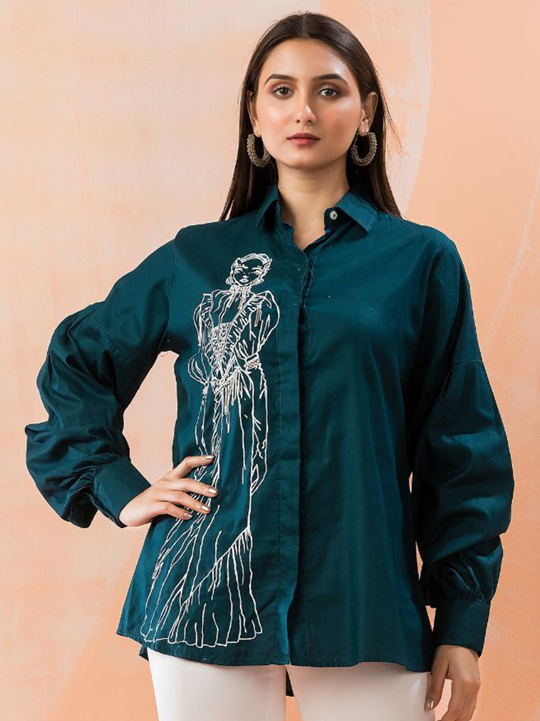 Zolo Label Women Abstract Embroidered Cotton Shirt Style Top