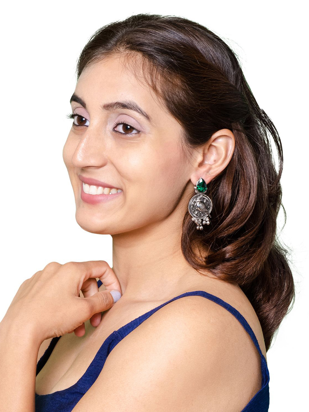 Shining Jewel - By Shivansh Silver-Plated Bird Design Ruby & Pearls Drop Earrings