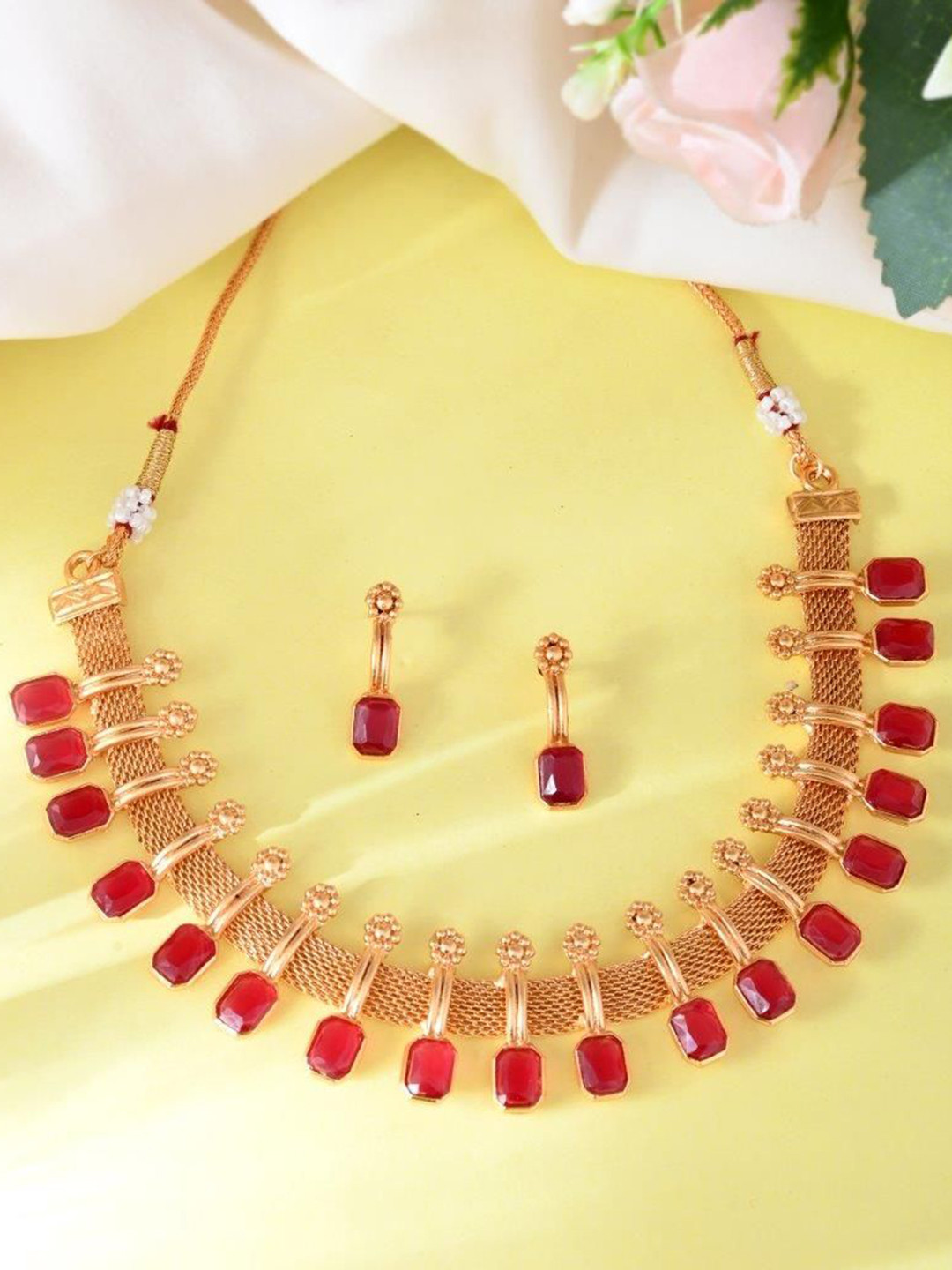 VOJ Gold-Plated Stainless Steel Traditional Stone Studded Jewellery Set