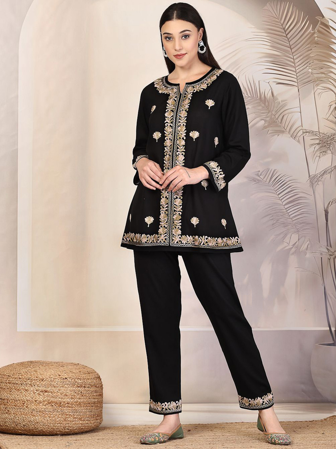 Qazmi Arisa Aari Work A-Line Cotton Linen CoOrd Set
