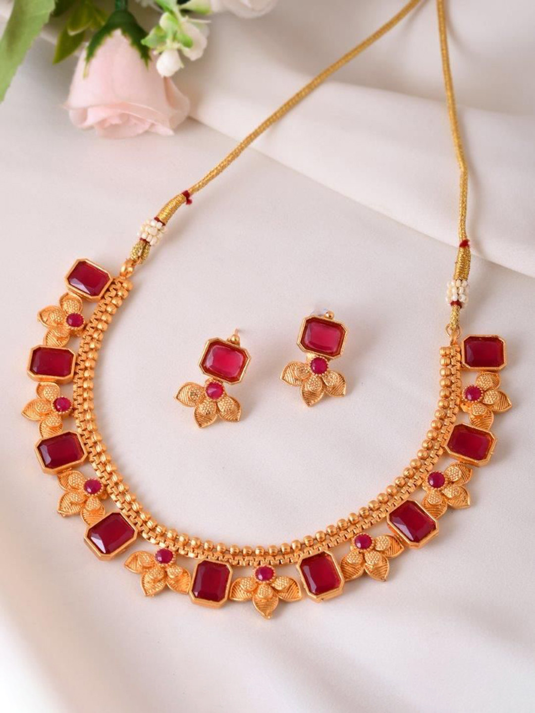 VOJ Gold-Plated Stainless Steel Traditional Stone Studded Jewellery Set