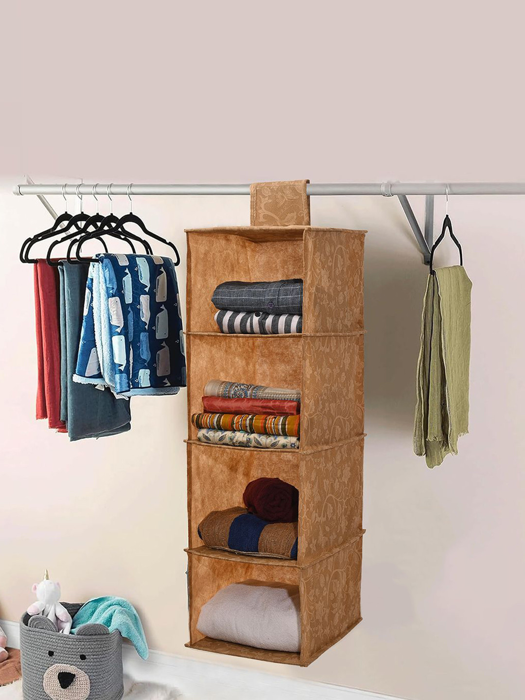 Kuber Industries Brown Printed 4-Tier Hanging Closet Organizer