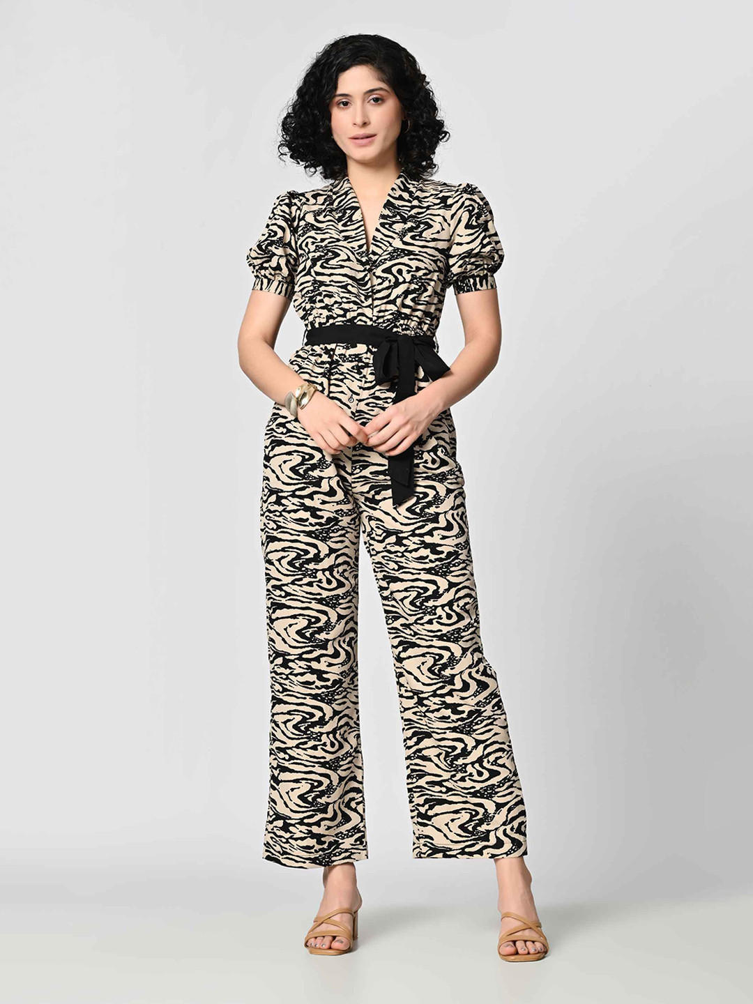 BAESD Women Shawl Neck Animal Printed Basic Jumpsuit