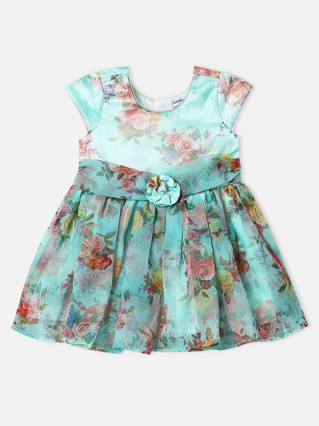 Nautinati Girls' Organza Satin Floral Print Knee Length Party Dress