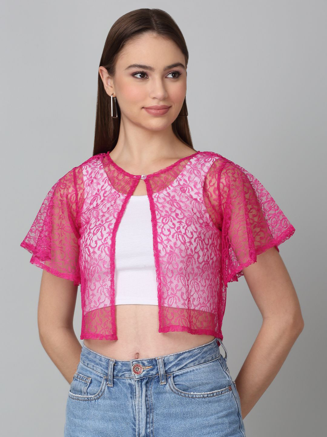 Dressitude Self Design Button Closure Cotton Crop Shrug