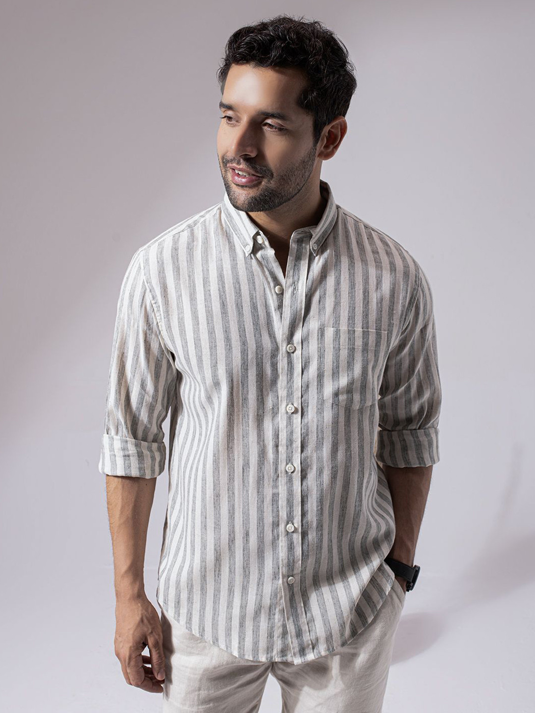 Perch Men Sage Green Stripes Linen Cotton Shirt