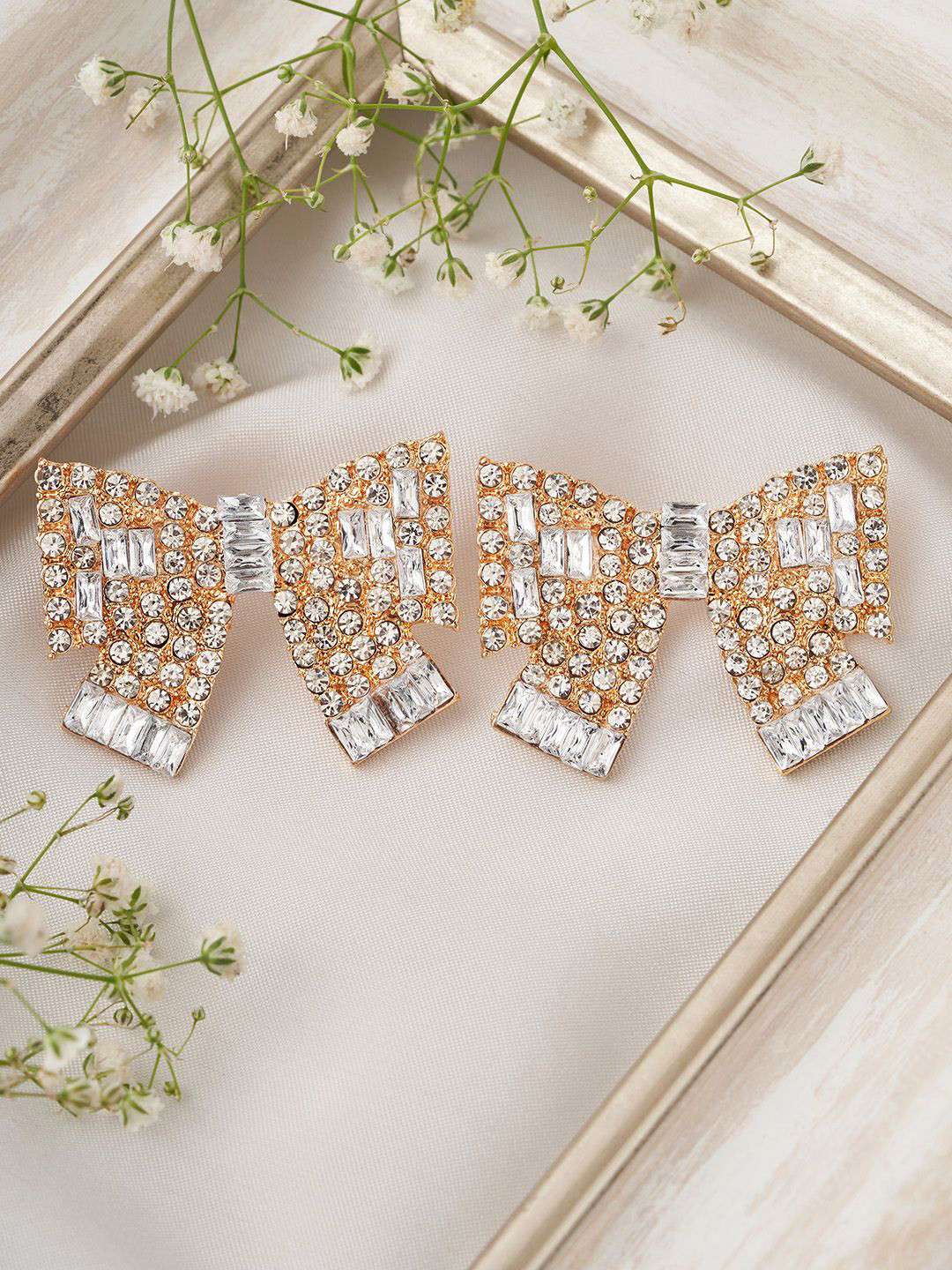 JOKER & WITCH Gold-Plated Stone Studded Loenora Bow Style Geometric Studs