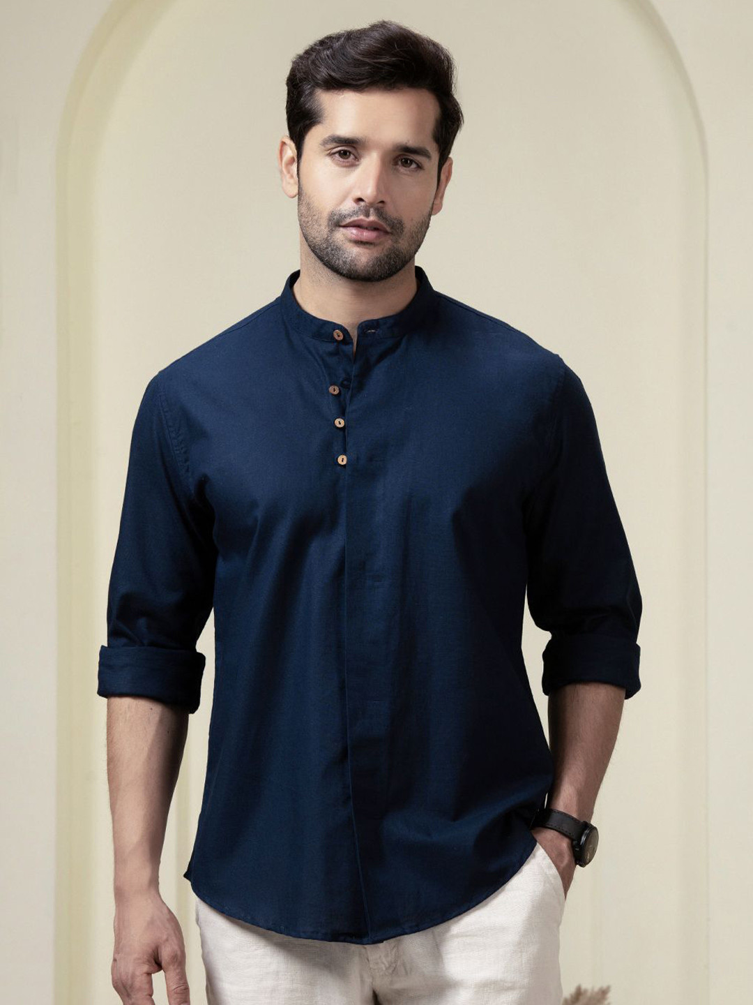 Perch Men Navy Blue Linen Cotton Band Collar Solid Shirt