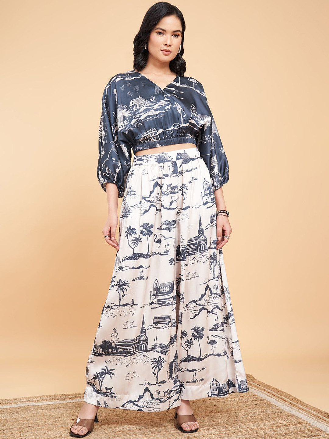 Marigold Lane Moonbeam Printed V-Neck Crop Top With Palazzo