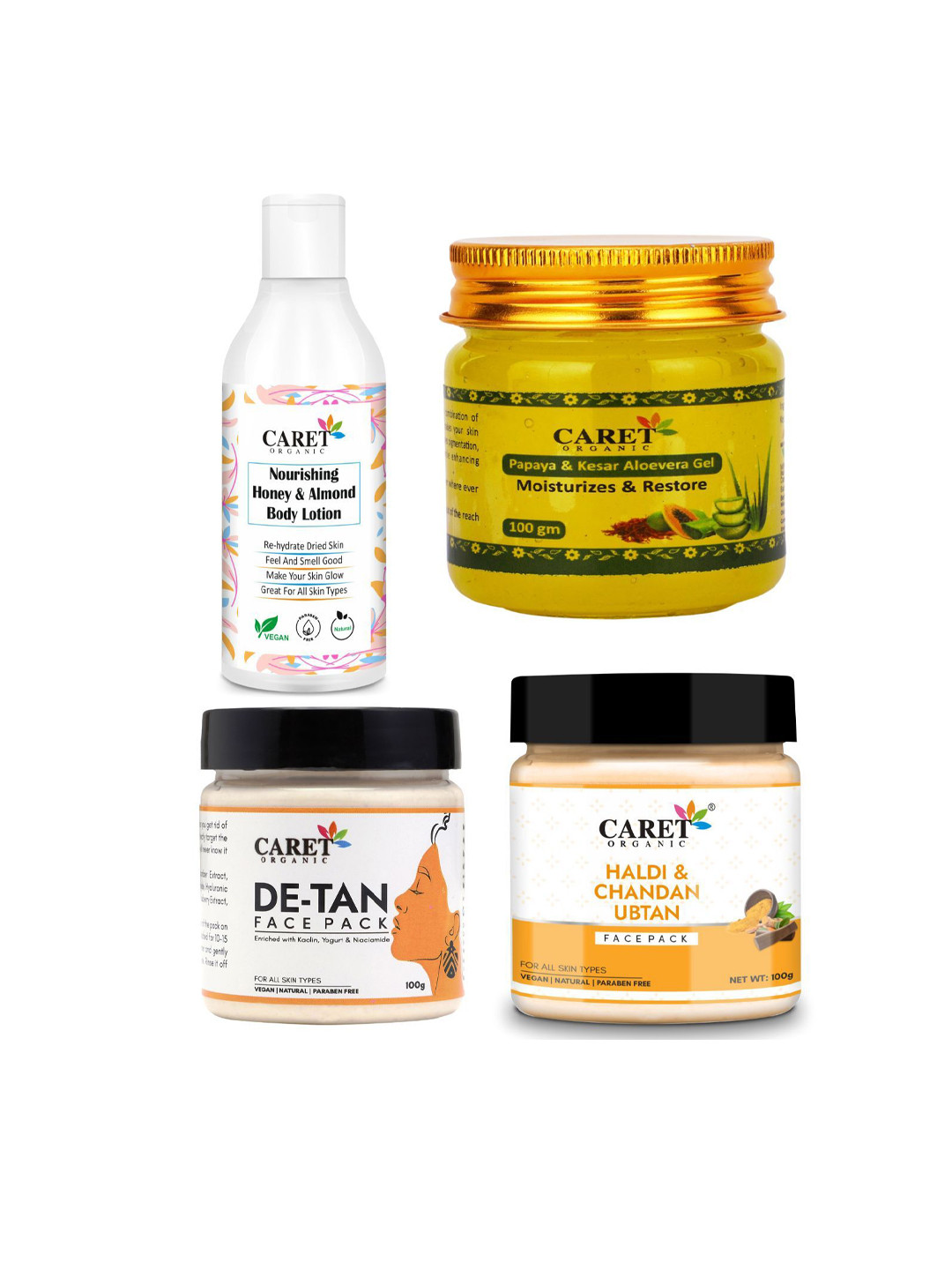 CARET ORGANIC Set of 4 Almond Body Lotion, Papaya Gel, De-Tan & Haldi Face Pack
