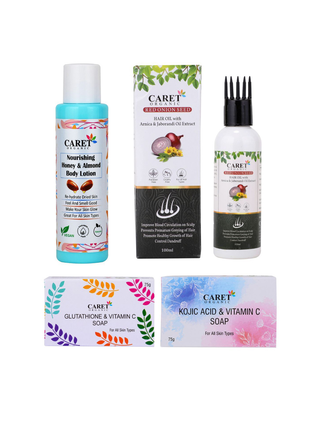 CARET ORGANIC Set of 4 Body Lotion & Red Onion Hair Oil & Kojic Acid Soap & Soap