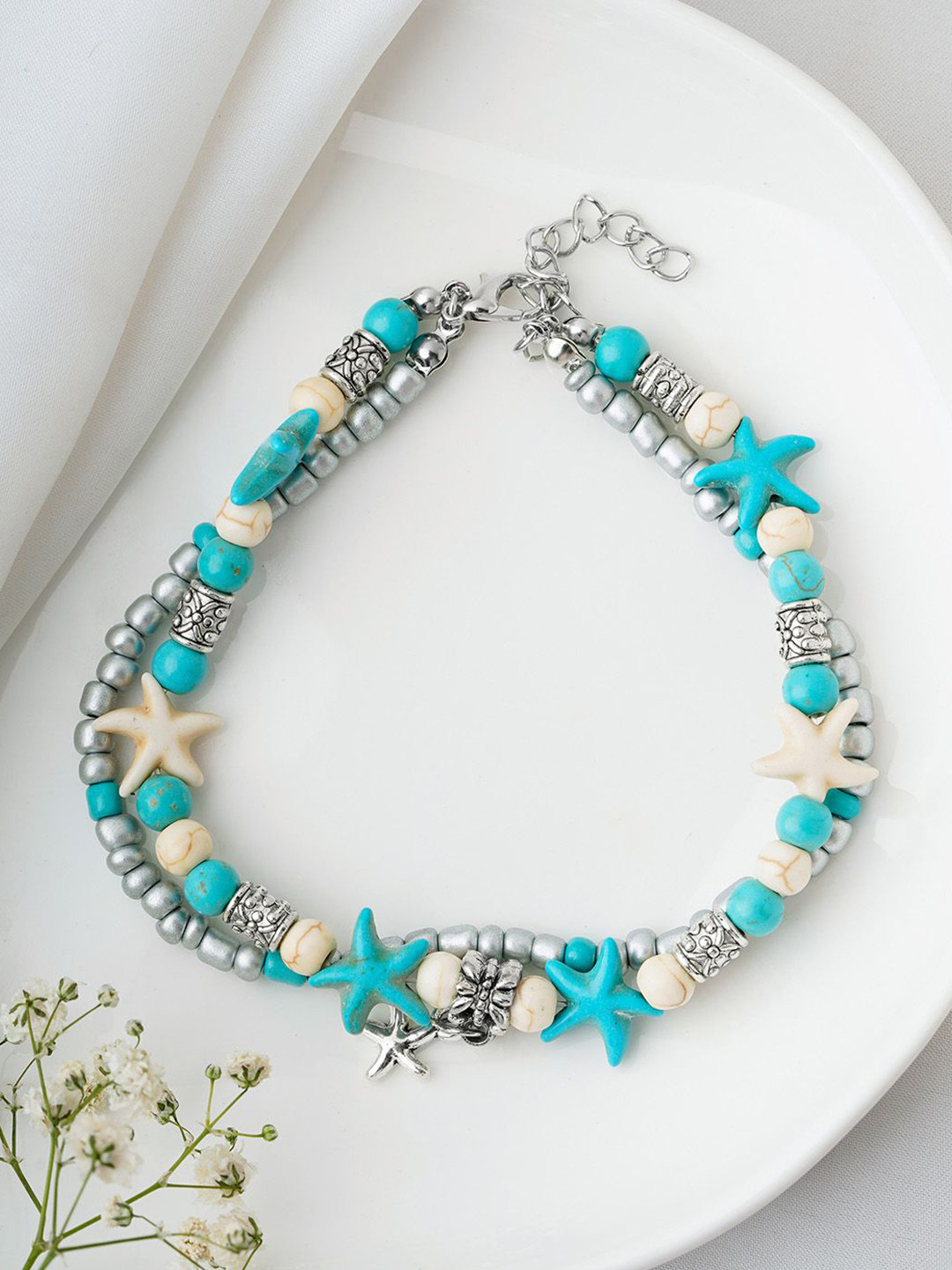 JOKER & WITCH Silver-Plated Stone Studded & Beaded Single Anklet