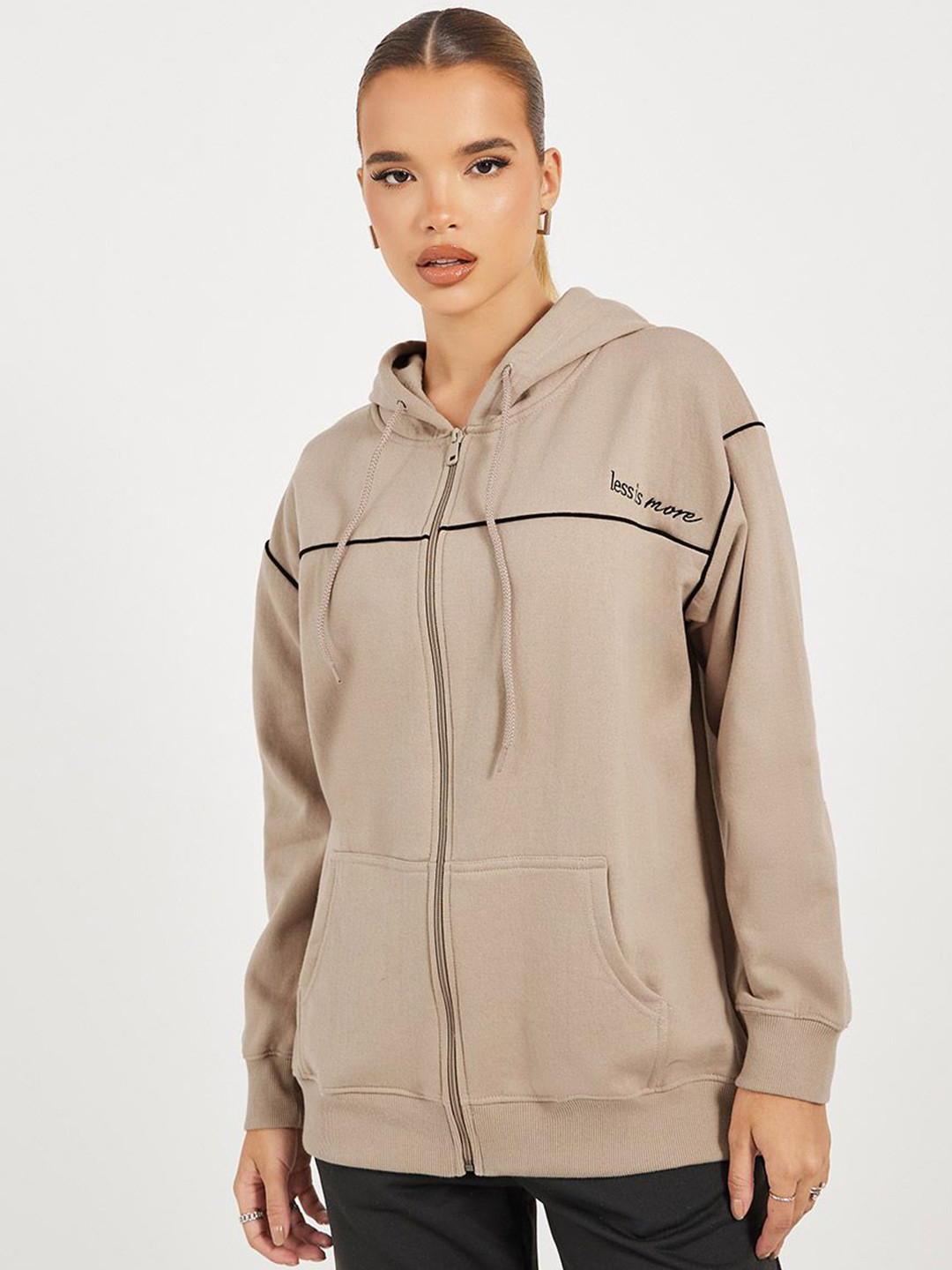 Styli Women Regular Fit Zip Through Hoodie with Slogan Details