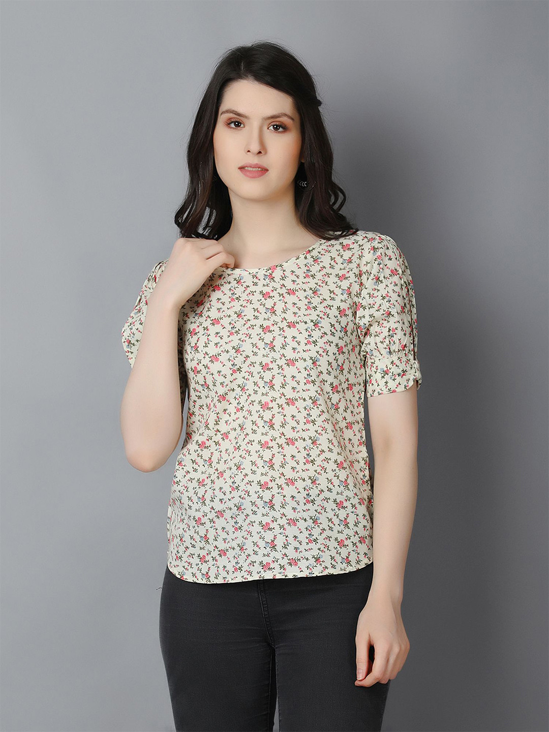 Zuvino Women Floral Printed Slit Sleeve Cotton Blouson Top